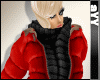 red winter down jacket with black scarf)