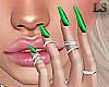 Green Nails+Silver Rings